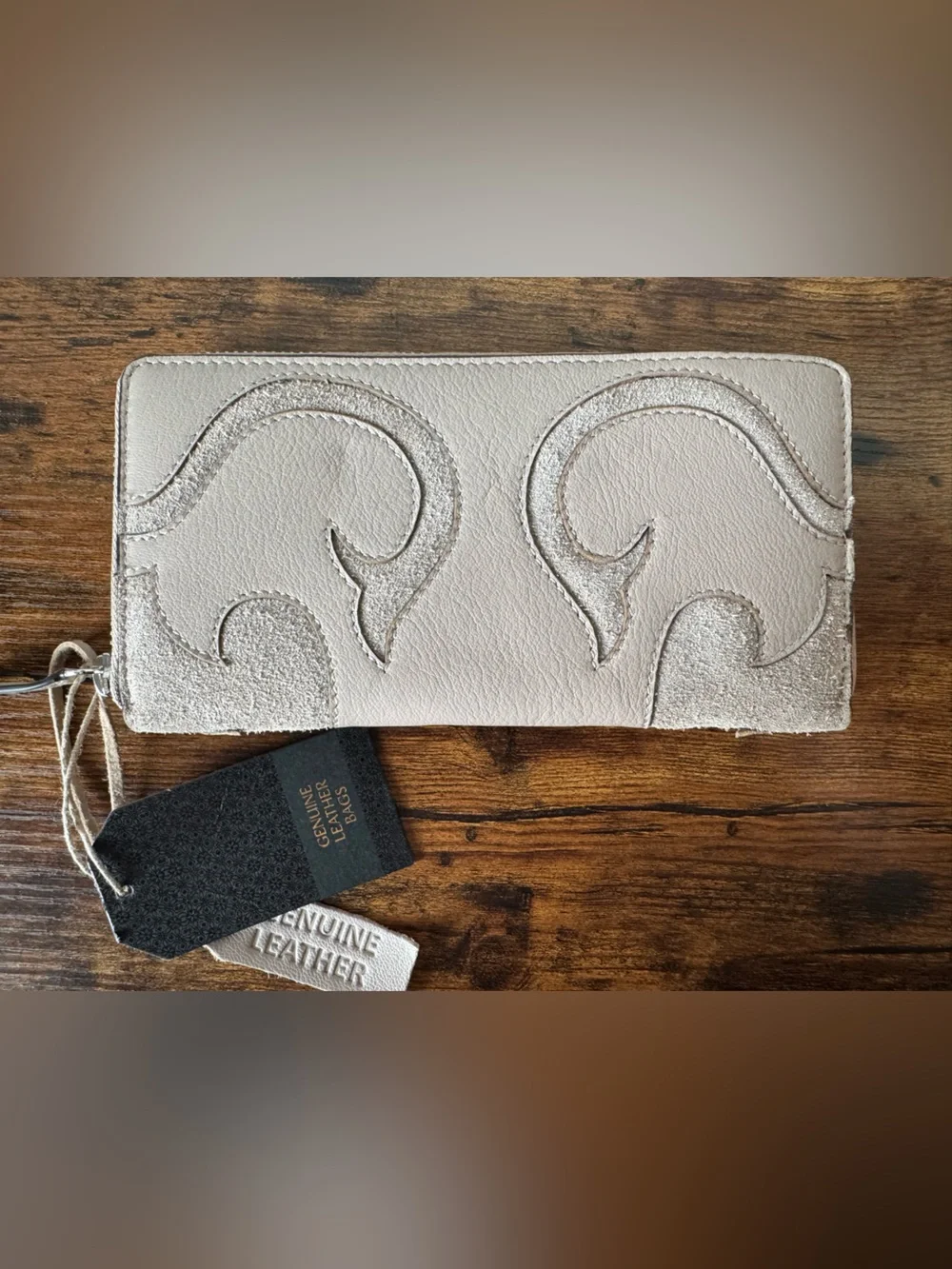 100% Genuine Leather Taupe Zip Around Wallet | Suede Scroll Design